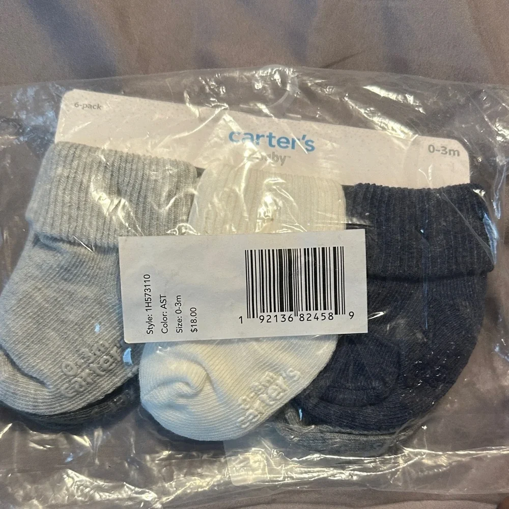 Carter's Baby 6 Pack Neutral Socks - Gray, White, Navy 0-3 m